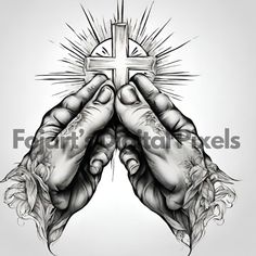 two hands holding a cross in front of a white background