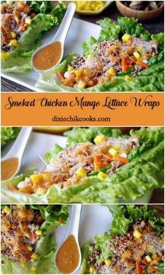 chicken mango lettuce wraps on a plate with dressing