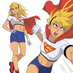 two cartoon characters are running and one is wearing a superman costume, the other has a supergirl outfit