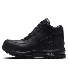 The Nike ACG Air Max Goadome 'Triple Black' boot is the perfect footwear choice for taking on any adventure, no matter the conditions. The All Conditions Gear construction ensures your feet will stay dry and comfortable, no matter what mother nature throws your way. The full-grain black leather upper is not only stylish but also features a gusseted tongue to keep out any debris. Perforations throughout provide ventilation, while a protective bumper is featured on the toe. The Triple Black mid-cut boot also comes with a visible full-length Max Air unit which provides unmatched comfort and support. Finally, the All-Trac rubber outsole with rugged lug pattern ensures you'll have traction on any surface. (SNKR) Nike Waterproof Lace-up Boots For Outdoor, Nike Low-top Hiking Boots For Outdoor, Nike Rugged Outdoor Sneakers, Nike Lace-up Hiking Boots For Outdoor Work, Rugged Nike Outdoor Sneakers, Nike High-top Outdoor Hiking Boots, Nike High-top Hiking Boots For Outdoor, Nike High-top Hiking Boots For Outdoor Activities, Nike High-top Boots For Streetwear