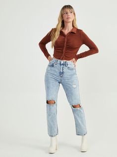 These light washed straight jeans are the perfect pick for any outfit! the high-rise fit and distressed details are perfect for pairing with your fave cropped sweater! toss on some sneakers and you're all set! High Waisted Distressed Jeans, Denim Fashion Women, Fits Clothes, Classic Jeans, Plaid Pants, Altar'd State, Bottom Clothes, Cropped Sweater, Distressed Jeans