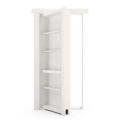 an open white cabinet with shelves on both sides