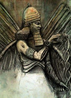 a drawing of an egyptian man with wings on his head and chest, sitting in front of