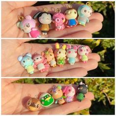 four different pictures of small toy animals in the palm of someone's hand,