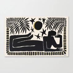 a black and white drawing of a person laying on a bed with palm trees in the background