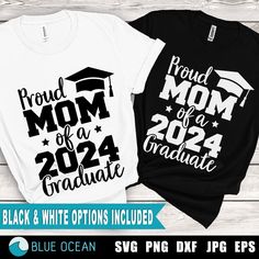 two black and white graduation shirts with the words proud mom of a graduate