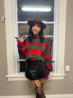 Halloween Classy Costume, Freddy Krueger Halloween Costumes, Women’s Freddy Krueger Costume, Female Freddie Kruger Costume, Slasher Movie Costume, Freddy Krueger Make Up Women, Freddy Krueger Inspired Makeup, Horror Movie Villain Costumes