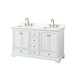 double sink vanity with marble top and gold faucets on both sides, in white