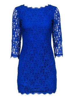 Current Boutique-Diane von Furstenberg - Royal Blue Floral Lace Bodycon Dress Sz 2 Blue Lace Mini Dress With Scalloped Lace, Blue Lace Mini Dress With Scalloped Detail, Blue Scalloped Lace Mini Dress For Spring, Spring Formal Mini Dress With Lace Sleeves, Blue Mini Dress With Scalloped Lace For Spring, Blue Scalloped Lace Fitted Dress, Fitted Blue Scalloped Lace Dress, Blue Party Dress With Lace Trim, Blue Fitted Dress With Scalloped Lace