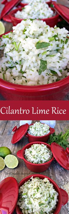 the ingredients for cilantro lime rice in red bowls