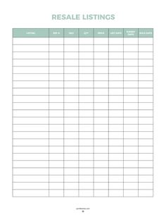 a printable resale listing sheet with the words resale lists in green and white