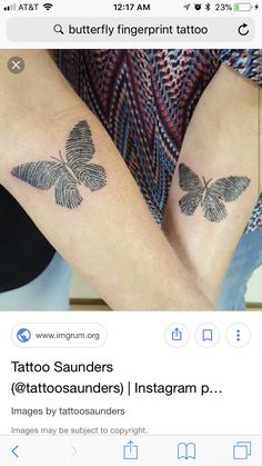 two small tattoos on the legs of someone's feet, one with a butterfly tattoo