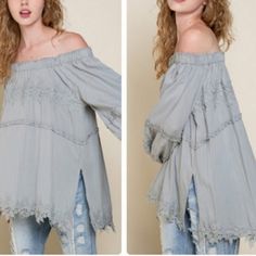 Women's Pol Free Form Beautiful Scalloped Lace Trimmed Throughout Long Big Balloon Sleeve Gorgeous Fre Flowing Top 100%Cotton Big Balloons, Balloon Sleeve Top, Long Balloons, Scalloped Lace, Top 100, Blue Gray, Lace Trim, Blue Grey, Sleeve Top