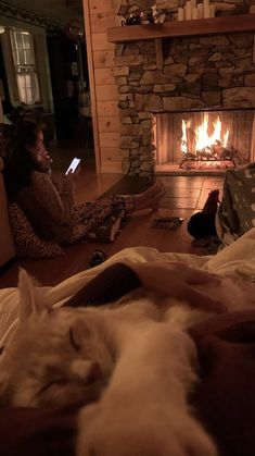 two people sitting on the floor in front of a fireplace with a dog sleeping next to them