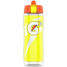 the gatorade water bottle is yellow and has an orange cap on it's side