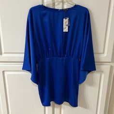 Brand New, Never Worn, Fully Lined Blue Dress. Chic Blue Sheath Mini Dress, Elegant Blue Mini Dress For Summer, Elegant Blue Asymmetrical Mini Dress, Elegant Blue Summer Mini Dress, Elegant Blue Backless Mini Dress, Blue Lined Midi Dress, Blue Lined Midi Length Mini Dress, Blue Lined Mini Dress Midi Length, Blue Midi Length Mini Dress With Lining