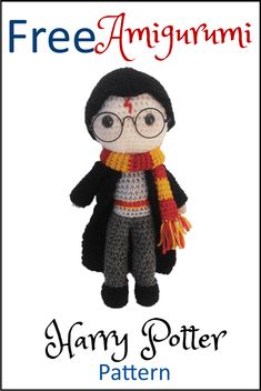 a stuffed doll wearing glasses and a scarf with the title free amigurmi harry potter pattern