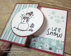 a handmade christmas card with a snowman on it and the words let it snow