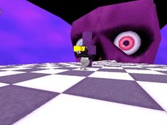 an animated image of a man standing in front of a giant purple object on a checkered floor