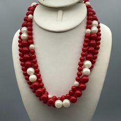 Vintage Lucite Triple Strand Necklace with Red Beads and Lustrous Faux Pearls Measurement * 18" unsigned Condition * Very nice condition. Gently used. Size: Womens 18" Condition: Pre-Owned Good Red Beaded Pearl Necklace For Party, Red Polished Pearl Necklace, Red Pearl Necklace With Polished Round Beads, Cherry Necklaces, Coral Jewelry Set, Cherry Necklace, Bridal Pearl Necklace, Bridal Accessories Jewelry, Beaded Tassel Necklace