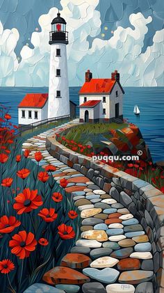 a painting of a lighthouse with red flowers on it