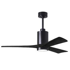 a black ceiling fan with two blades on the top and one light on the bottom