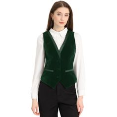 Pair with the solid color blouse or ruffle neck shirt for a casual business style. In this vintage solid color velvet fabric design, this vest is classic and timeless for your daily outfits. Classic OL style, fit for office and other formal occasions. Retro contrast satin with velvet can show your elegance and more charming, making you look more and more capable. Dark Green Vest Outfit, Green Vest Outfit, Velvet Waistcoat, Dressy Vest, Steampunk Vest, Fall Outerwear, Velvet Vest, Color Blouse, Business Party