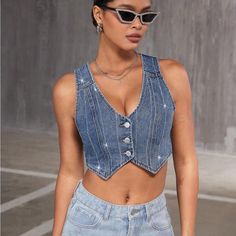 Super Cute And Stylish Ships In 5-10 Business Days Chic Denim Vest With Pockets, Trendy Denim Vest For Spring, Trendy Denim Blue Denim Vest For Spring, Trendy Cropped Denim Vest, Trendy Denim Blue Vest For Spring, Spring Cropped Denim Top, Chic Denim Blue Vest For Spring, Fitted Cropped Denim Jacket For Summer, Trendy Fitted Blue Denim Vest