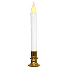 a white candle with a gold base on a white background