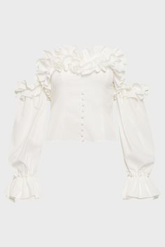 Amp up the volume with this romantically ruffled corset top. Frilled with frothy swathes of fabric, a Bardot neckline and ruffled cuffs, it promises to bring va va voom to your favourite jeans or cigarette trousers.. Bardot Neckline, Va Va Voom, Corset Top, Favorite Jeans, No Frills, Ruffle Blouse, Trousers, Cuff, Bring It On