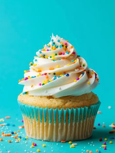 a cupcake with white frosting and sprinkles on a blue background