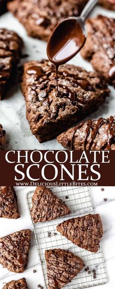 chocolate scones on a cooling rack with spoons and cookies in the foreground