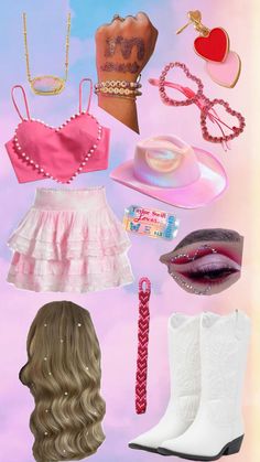 a collage of barbie dolls and accessories including hats, bras, boots, necklaces