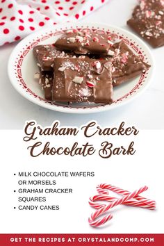 graham cracker chocolate bark on a plate with candy canes