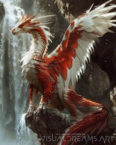 a red and white dragon sitting on top of a tree branch next to a waterfall