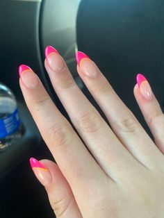 Cute Summer Nails Simple French Tips, Pink Nail Orange French Tip, Pink Summer French Nails, Coral And White French Tip Nails, French Pink And Orange Nails, Almond Colored Tip Nails, Peach Pink French Tip Nails, Pink French Tip Nails With Orange Line, Two Toned Pink French Tip Nails