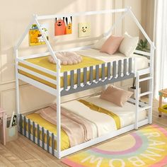 a white bunk bed sitting next to a child's bed on top of a wooden floor