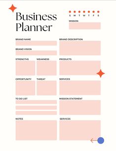 the business planner is shown with arrows pointing to different areas in each section, including an arrow