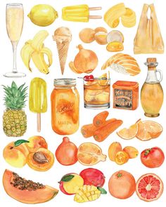 a watercolor painting of various fruits and vegetables on a white background, including pineapples, bananas, peaches, apples, oranges, lemonade, and other fruit