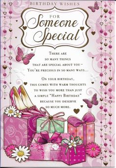 a birthday card for someone special with pink presents and butterflies on the front, which reads,