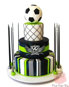 a three tiered cake with a soccer ball on top