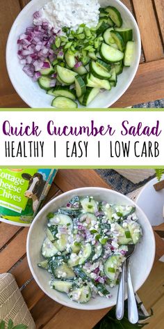 two bowls filled with cucumber salad on top of a wooden table