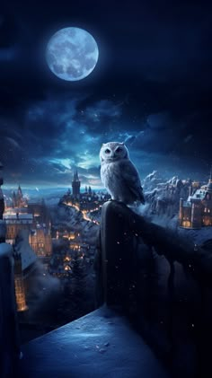 an owl sitting on top of a railing in front of a full moon and cityscape