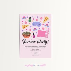 a pink birthday party card with an image of pizza and other food items on it