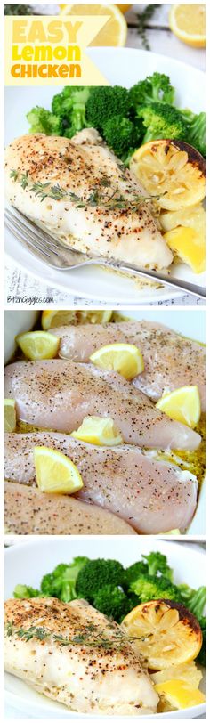 two pictures of fish with lemons and broccoli on the side, one is cooked