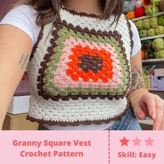 a woman wearing a granny square vest in crochet