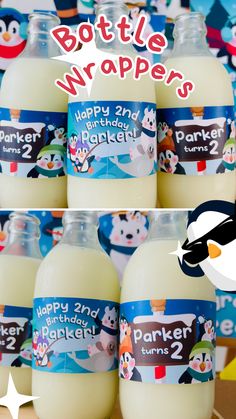 bottles of happy 2nd birthday milk with penguins on the label for bottle wrapper's