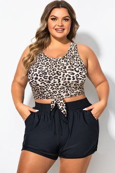 Plus Size Leopard Print Knotted Crop Bikini Top Leopard Print Sleeveless Swimwear For Summer, Sleeveless Leopard Print Summer Swimwear, Leopard Print Tankini For Vacation Beach Season, Leopard Print Tankini For Beach Vacation, Sleeveless Leopard Print Swimwear For Summer, Leopard Print Sleeveless Swimwear, Leopard Print Sleeveless Swimwear For Beach, Casual Workout Tankini, Summer Leopard Print Swimwear With Built-in Bra