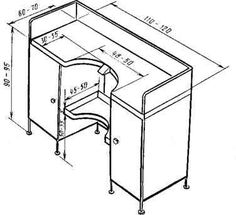 a drawing of an office desk with the measurements for each drawer and one section missing