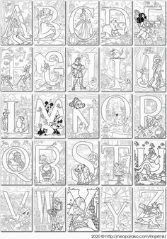 the alphabet is made up of cartoon characters and letters that are outlined in black and white